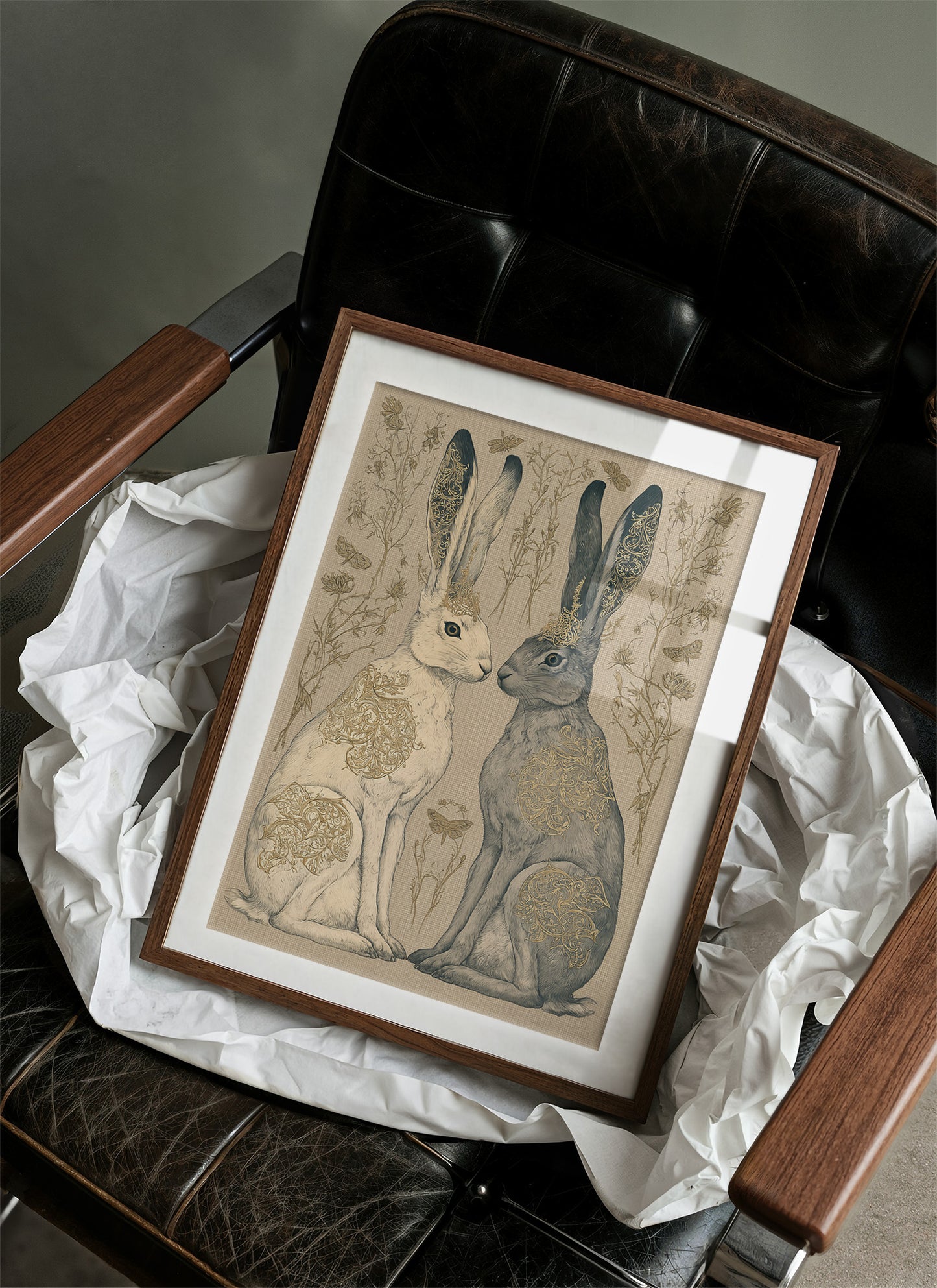 Mirrored Hares In Gold Filigree