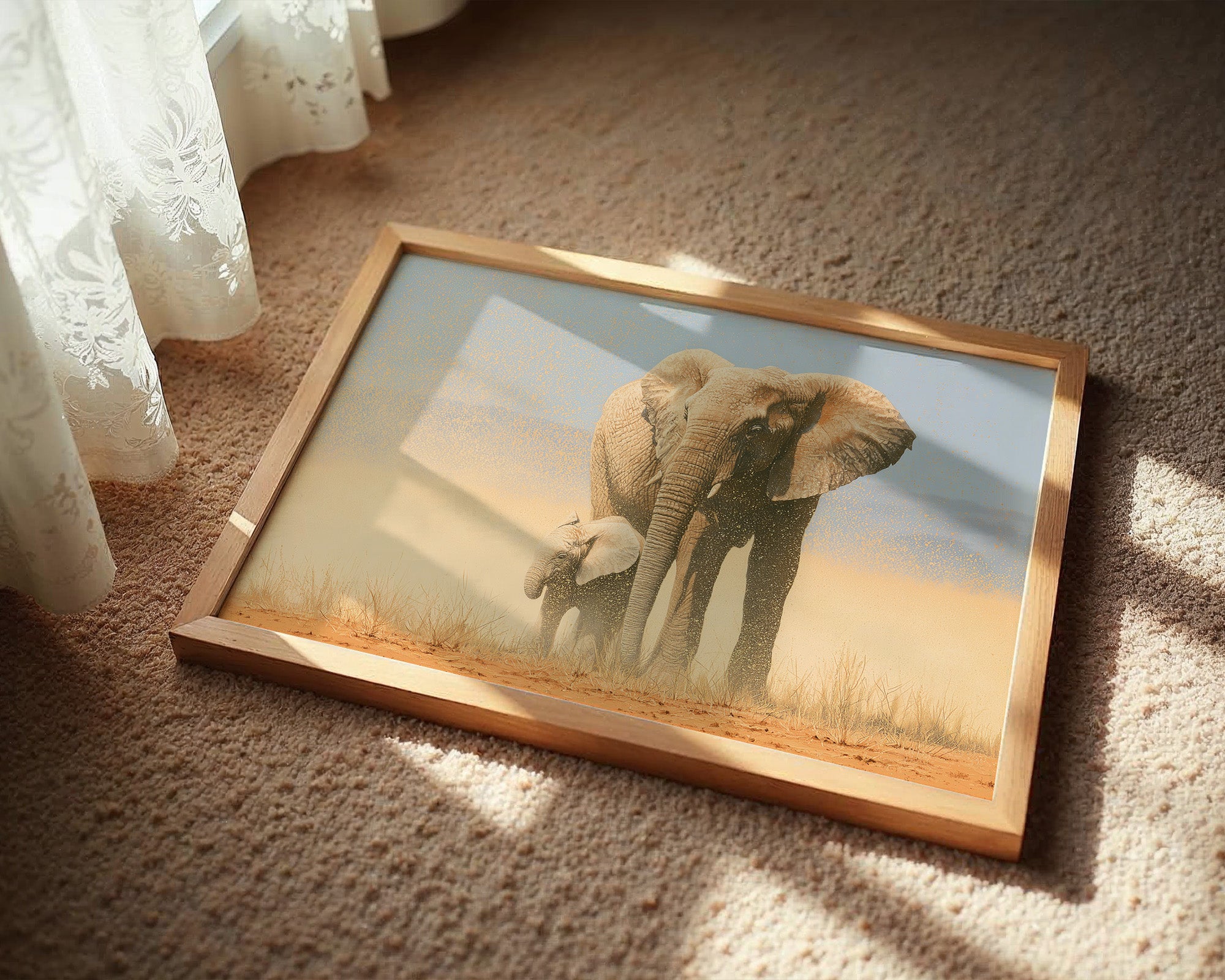Elephant Mother, Dust and Calf