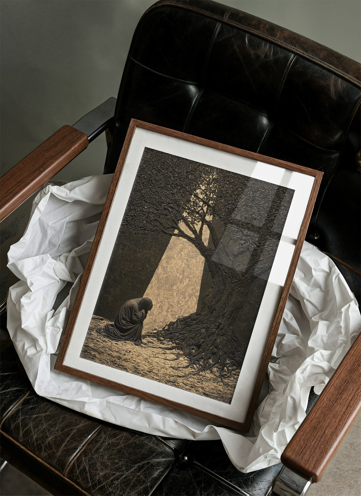 Kneeling Figure Beneath Olive Tree