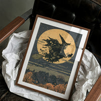 Broomstick Silhouette Over Village