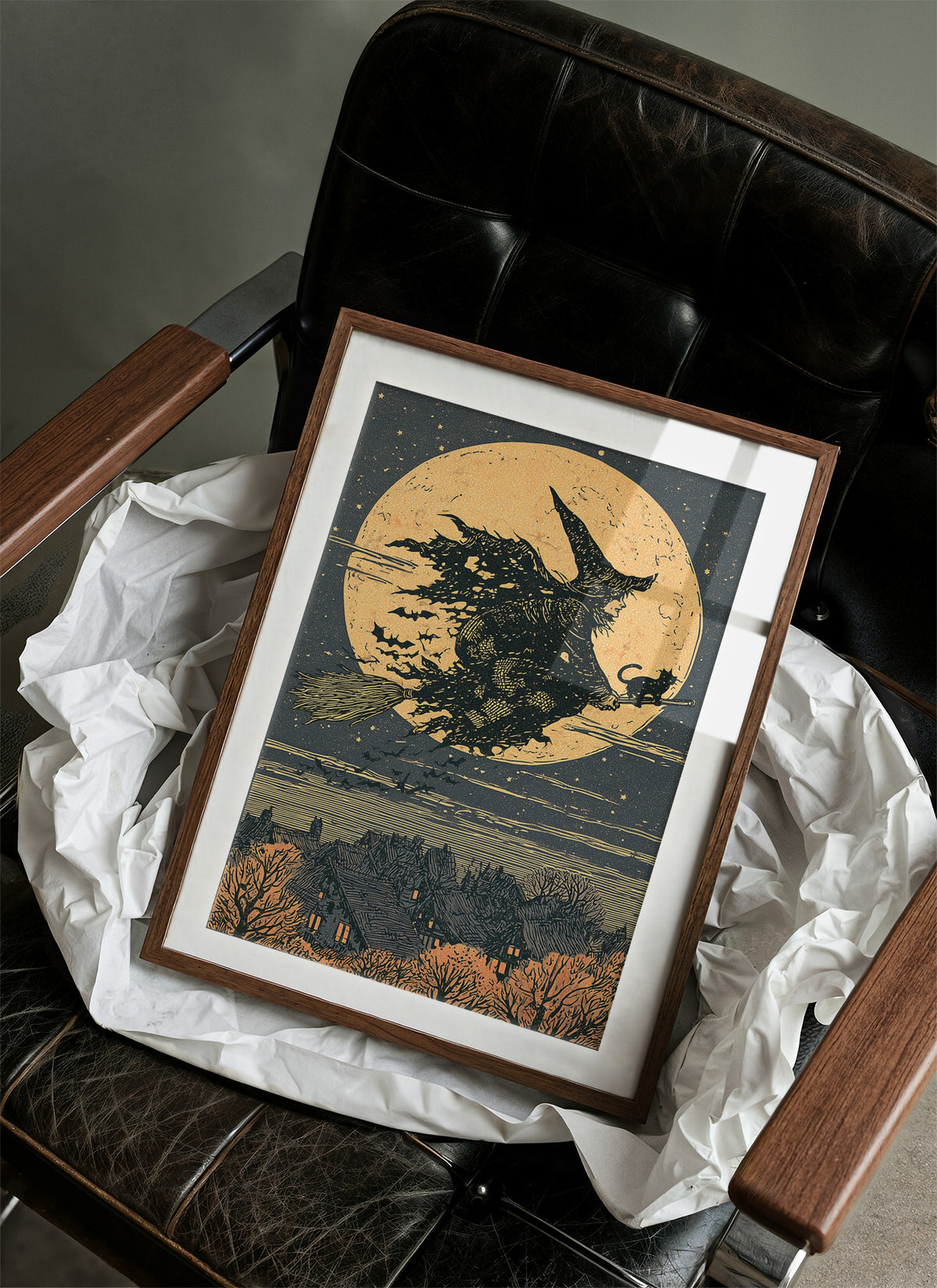 Broomstick Silhouette Over Village
