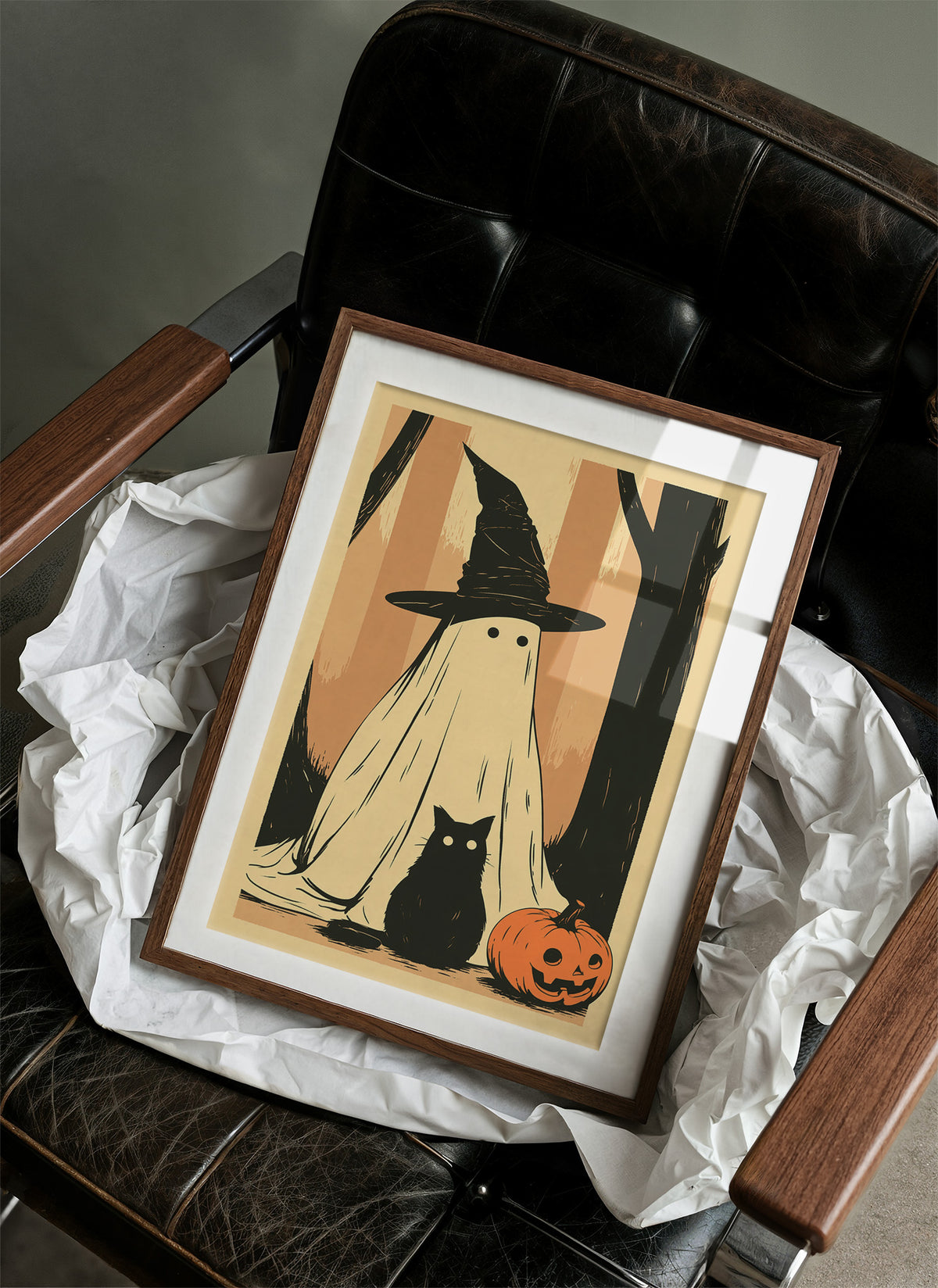 Ghost, Cat, and Jack-o'-Lantern