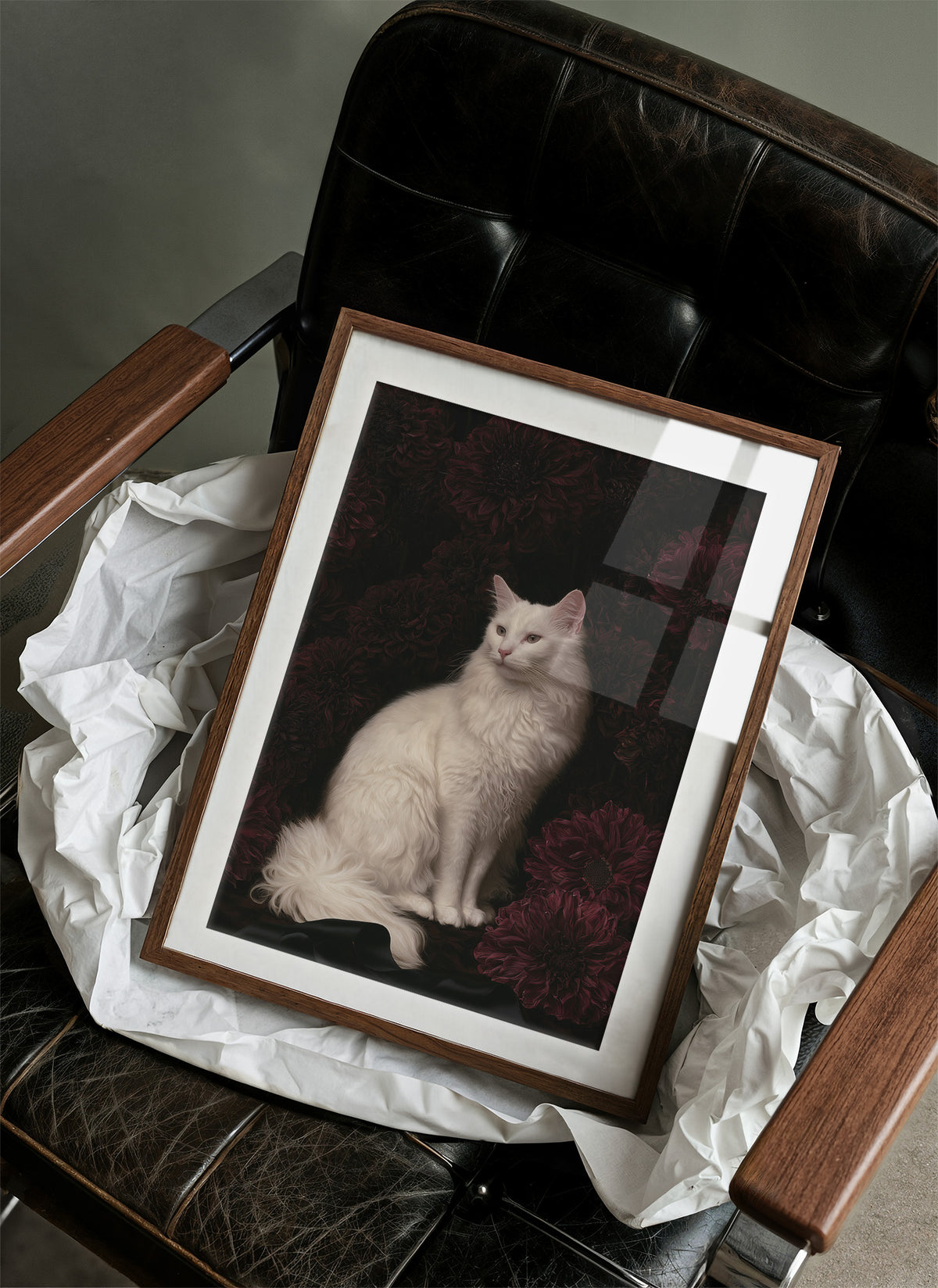 White Cat, Black Chrysanthemums