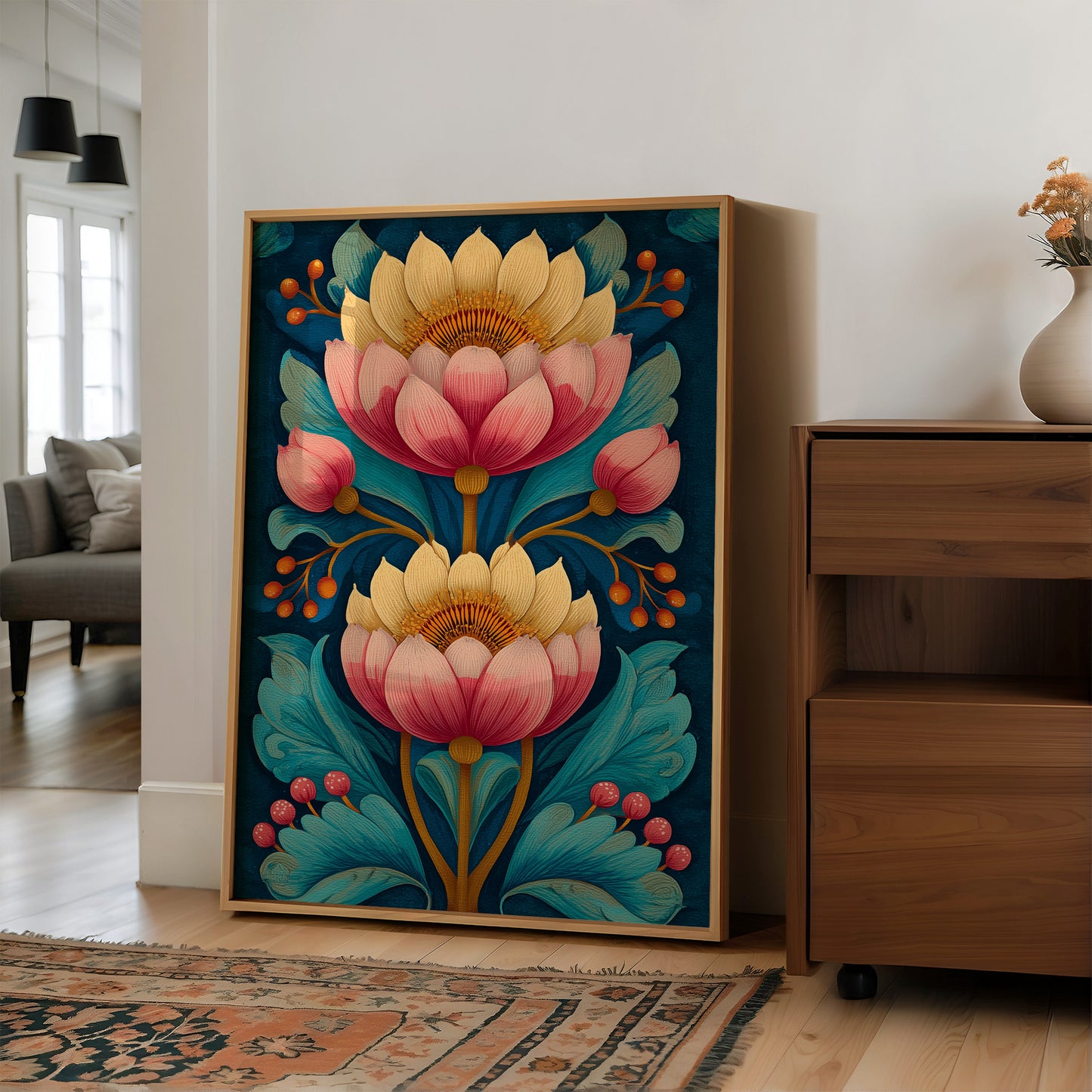 Folk Blooms on Deep Blue