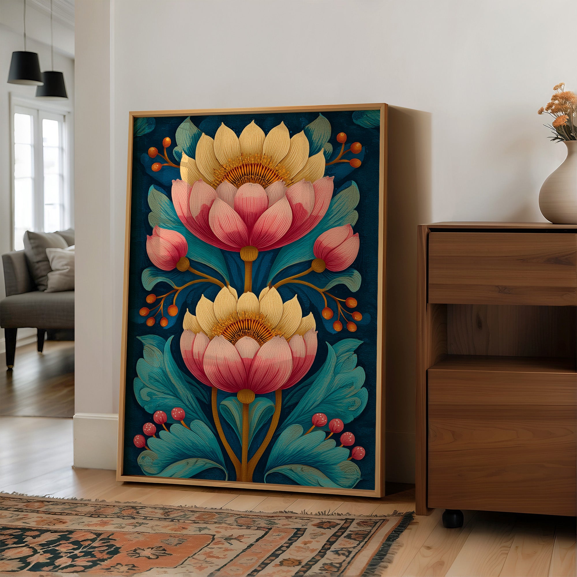 Folk Blooms on Deep Blue