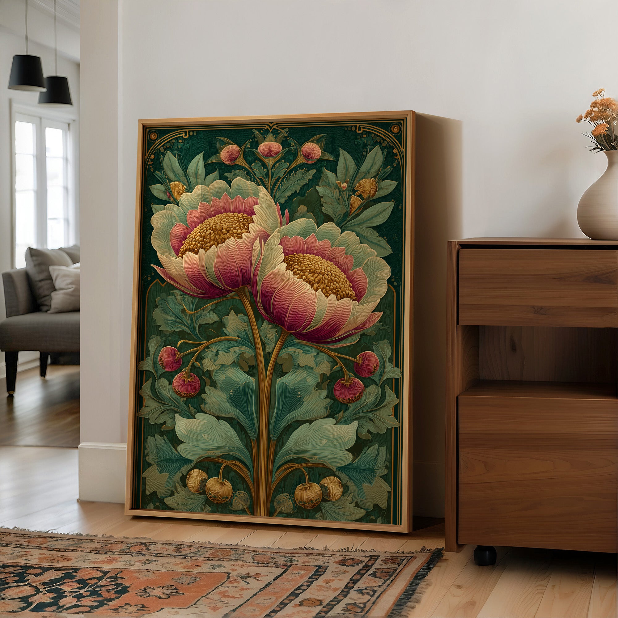 Two Peonies, One Gilded Stem