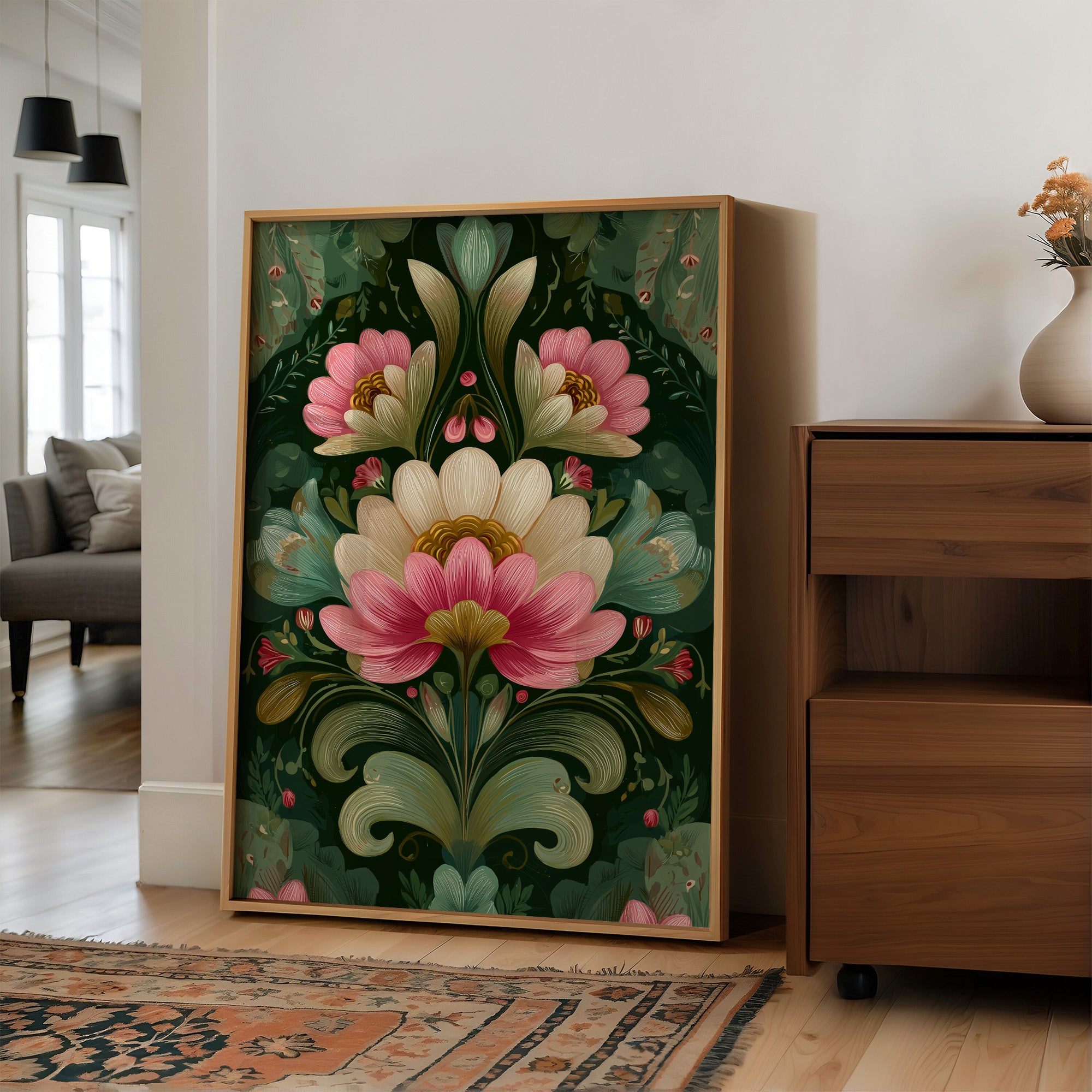 Pink and Cream on Forest Green