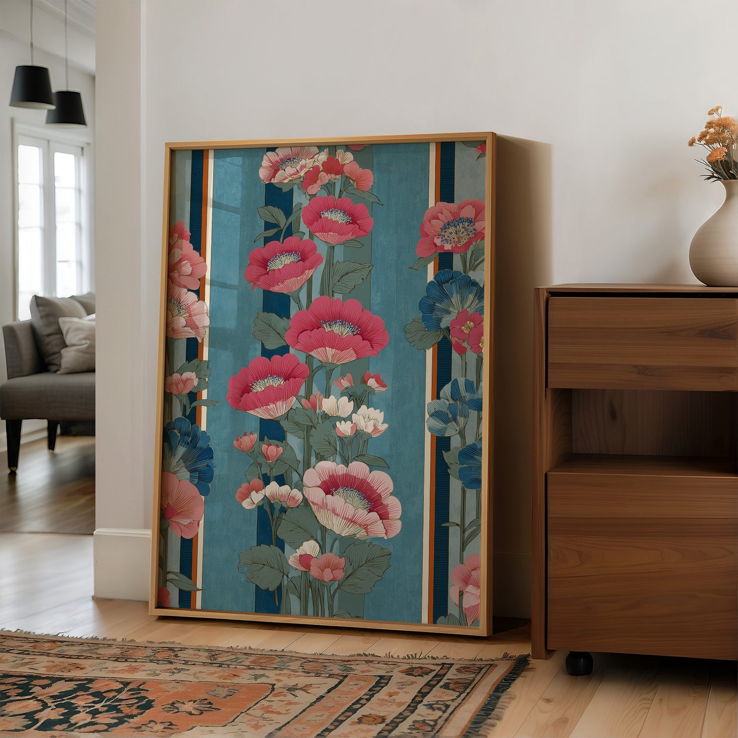 Hot Pink Blooms on Faded Blue