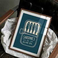 Sardines in Olive Oil — Teal Woodcut Tin Print
