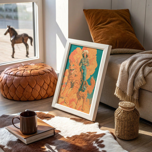 Cowgirl on a Giant Cat — Retro Surrealist Western Print