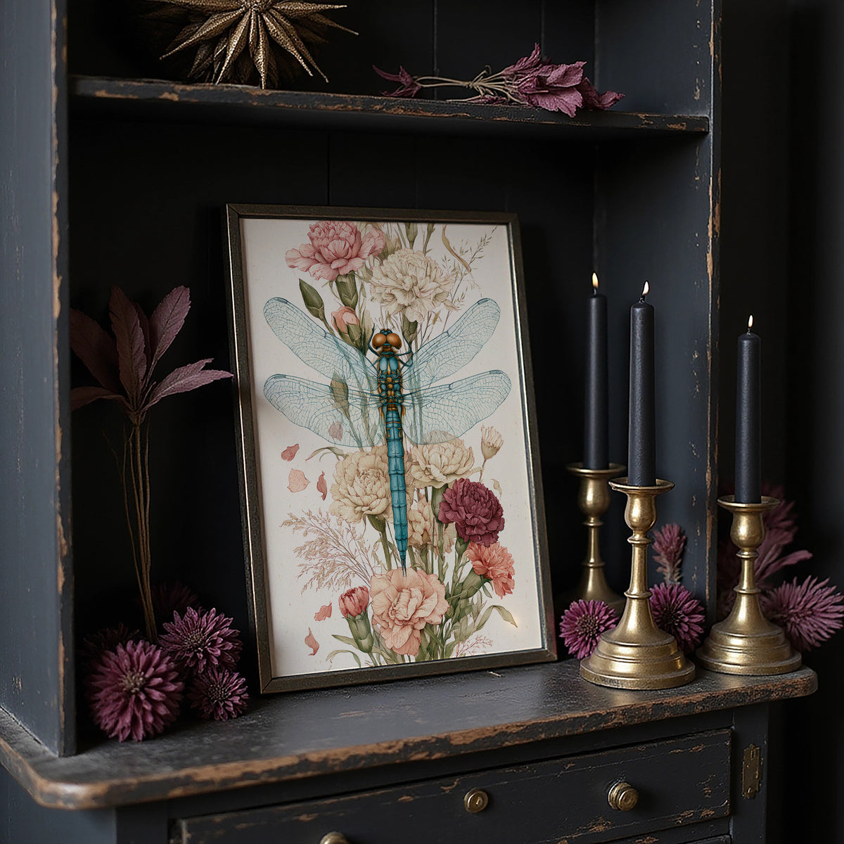 Dragonfly Among Carnations — Botanical Illustration Print
