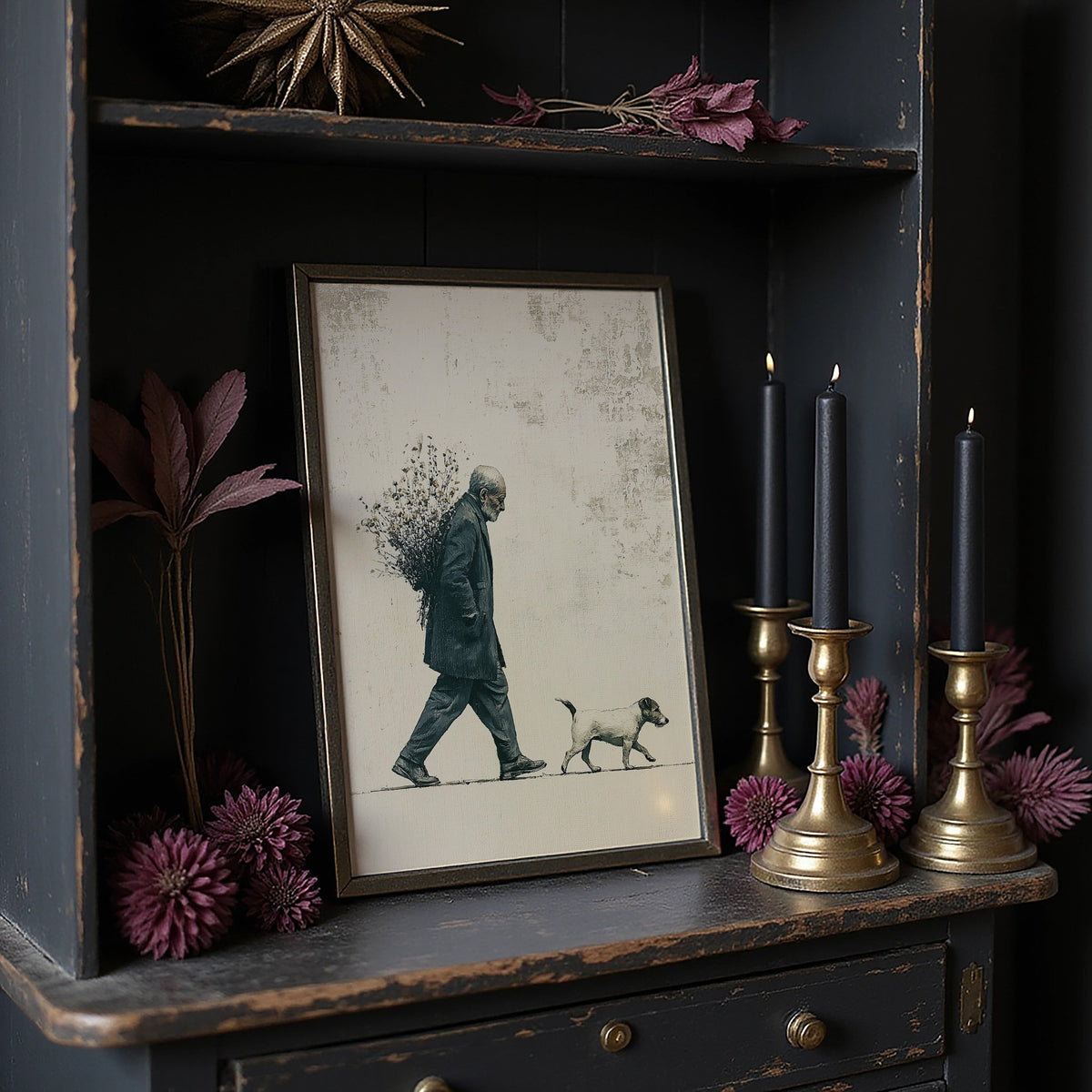 The Old Man Carrying Wildflowers — Blue Ink Screenprint