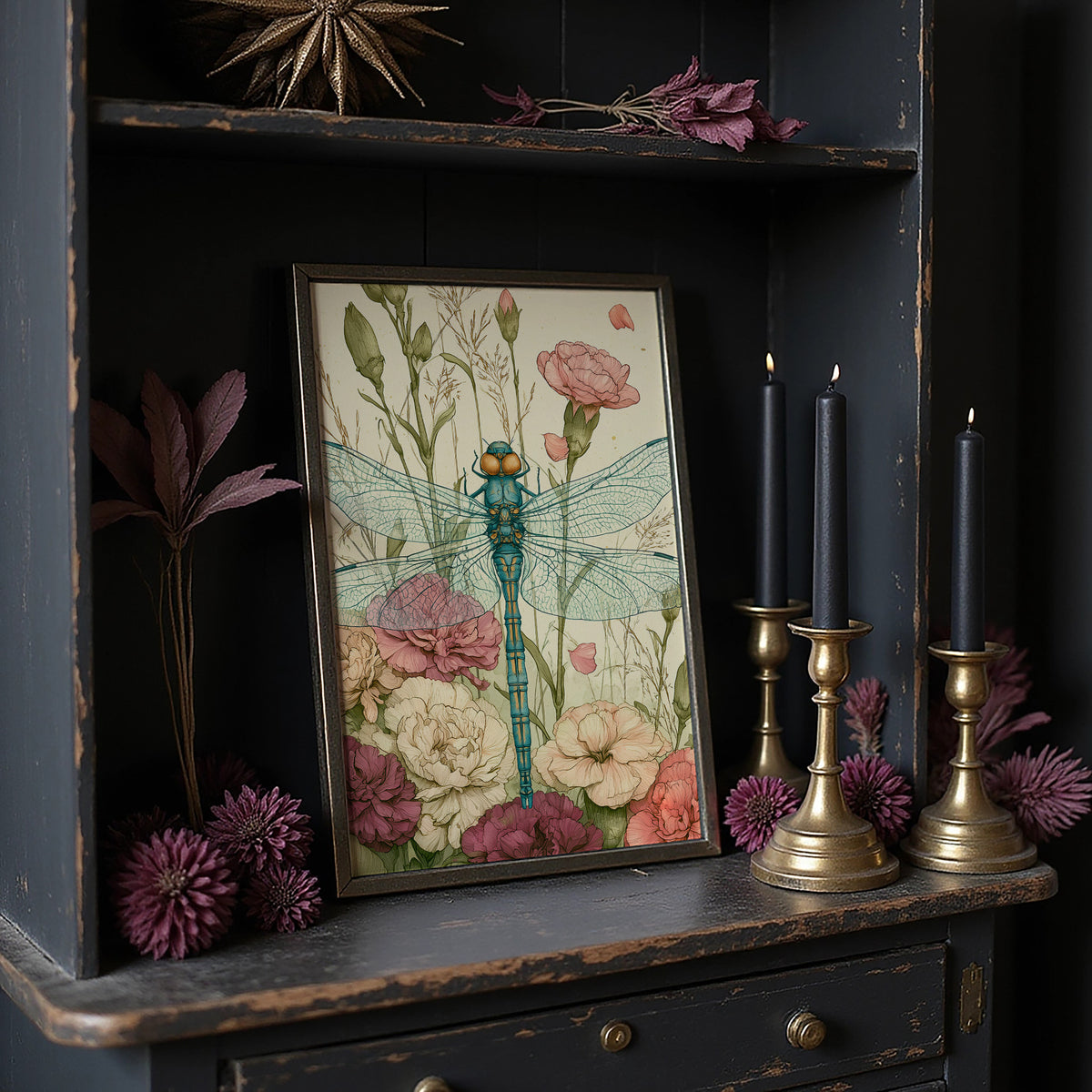 Dragonfly Among Carnations — Garden Bed Botanical Print