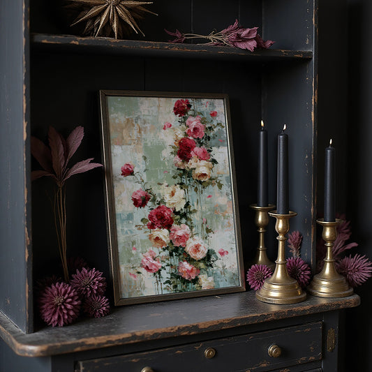 Climbing Roses on Plaster — Crimson Drip Impasto Painting