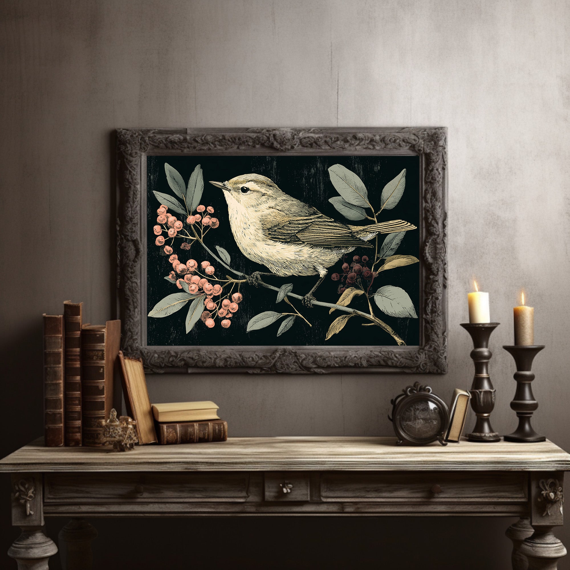 Warbler Amid Berry Branches