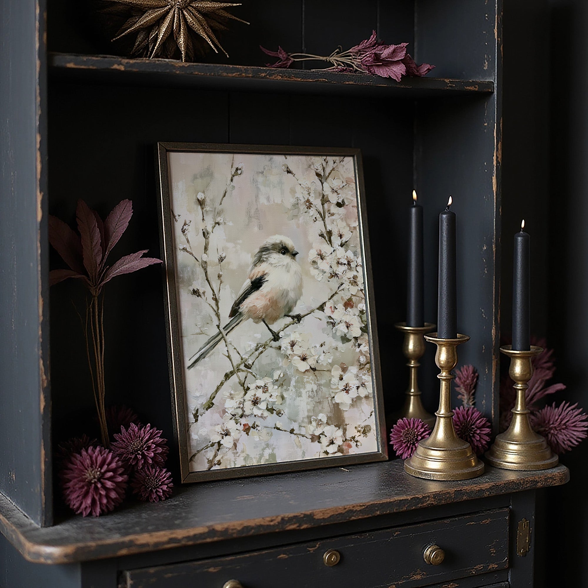 Long-Tailed Tit in Cherry Blossoms — Impasto Bird Painting