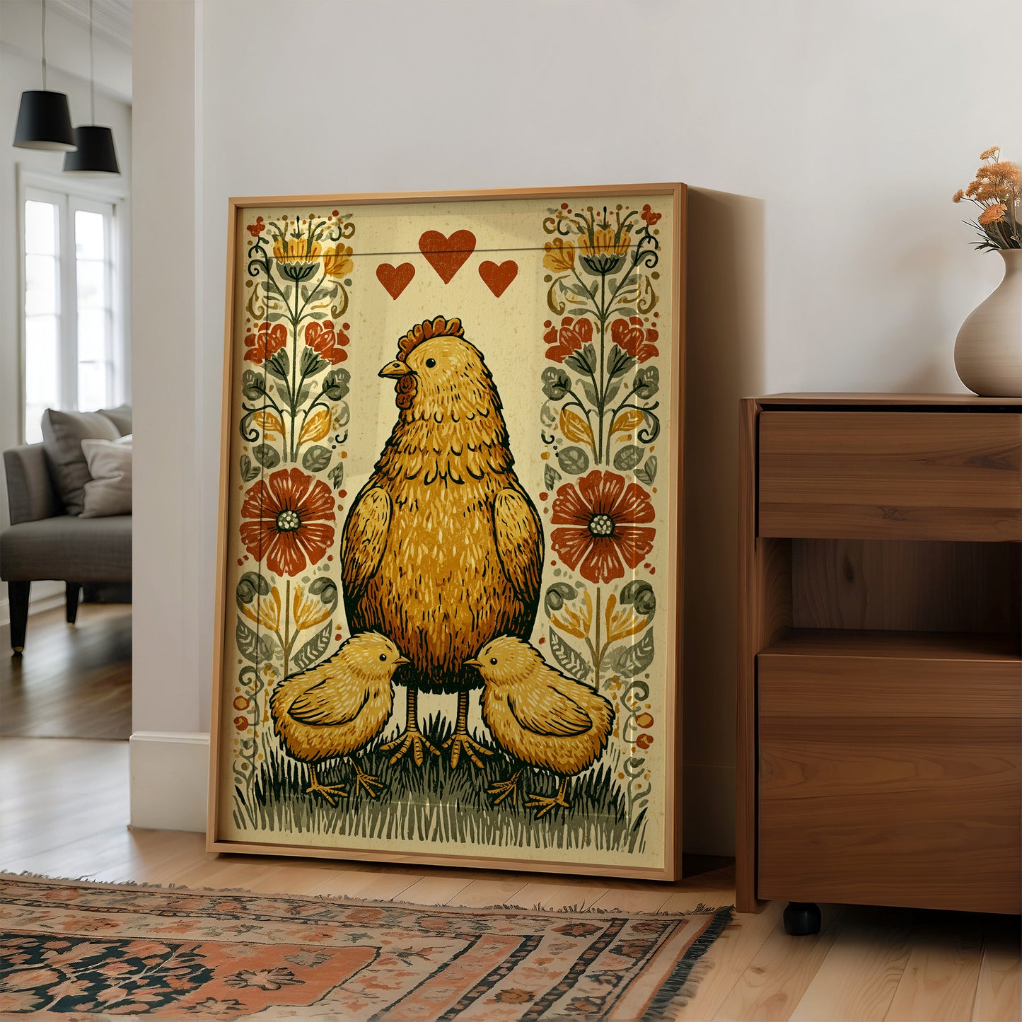 Mother Hen and Chicks — Poppy Border Folk Art Print