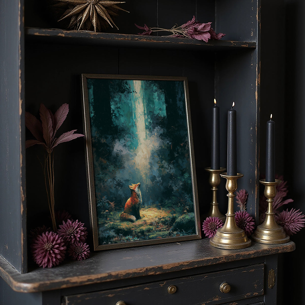 Fox in the Cathedral Light — Dark Forest Oil Painting
