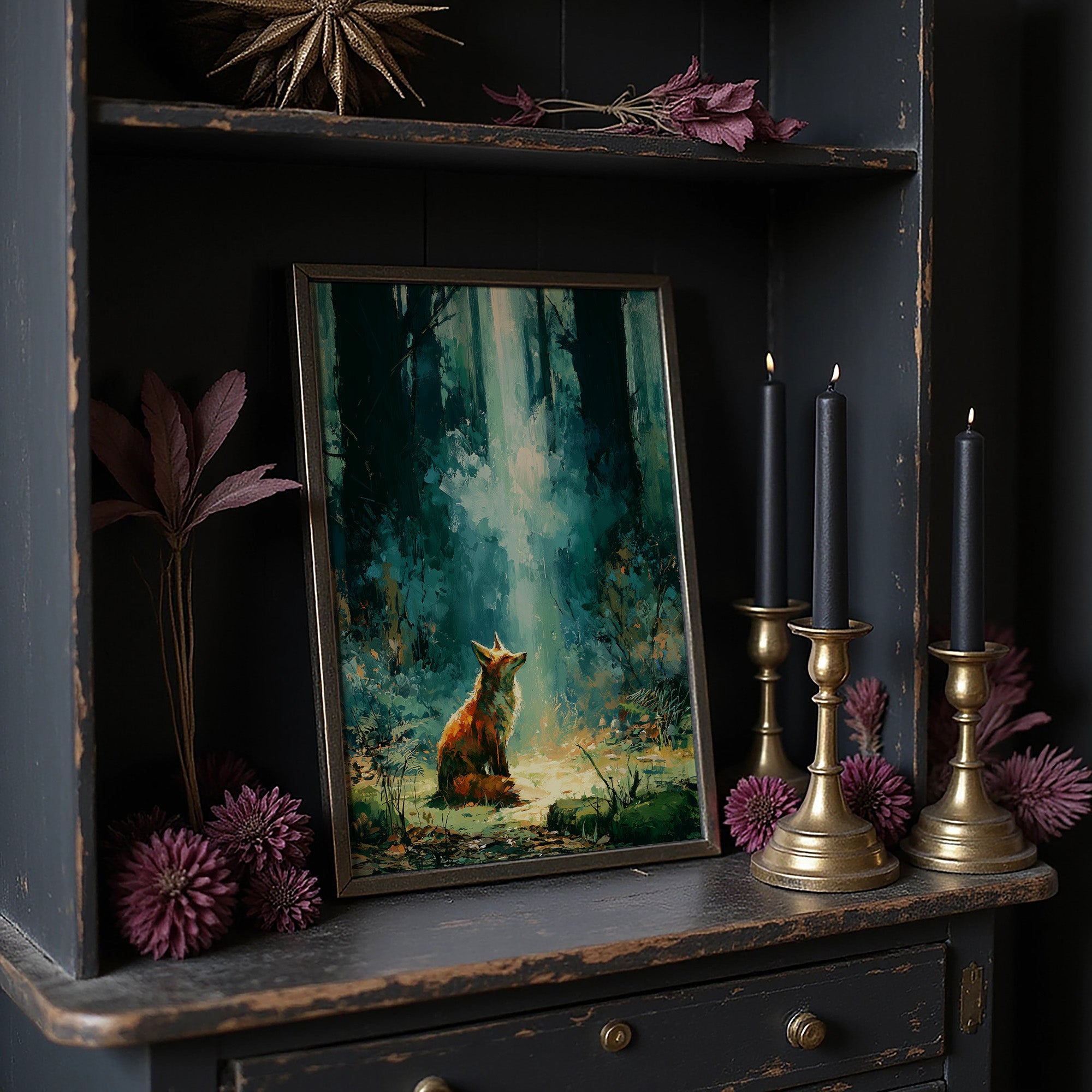 Fox in the Cathedral Light — Emerald Forest Oil Painting