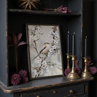 Long-Tailed Tit in Cherry Blossoms — Grey Taupe Oil Painting