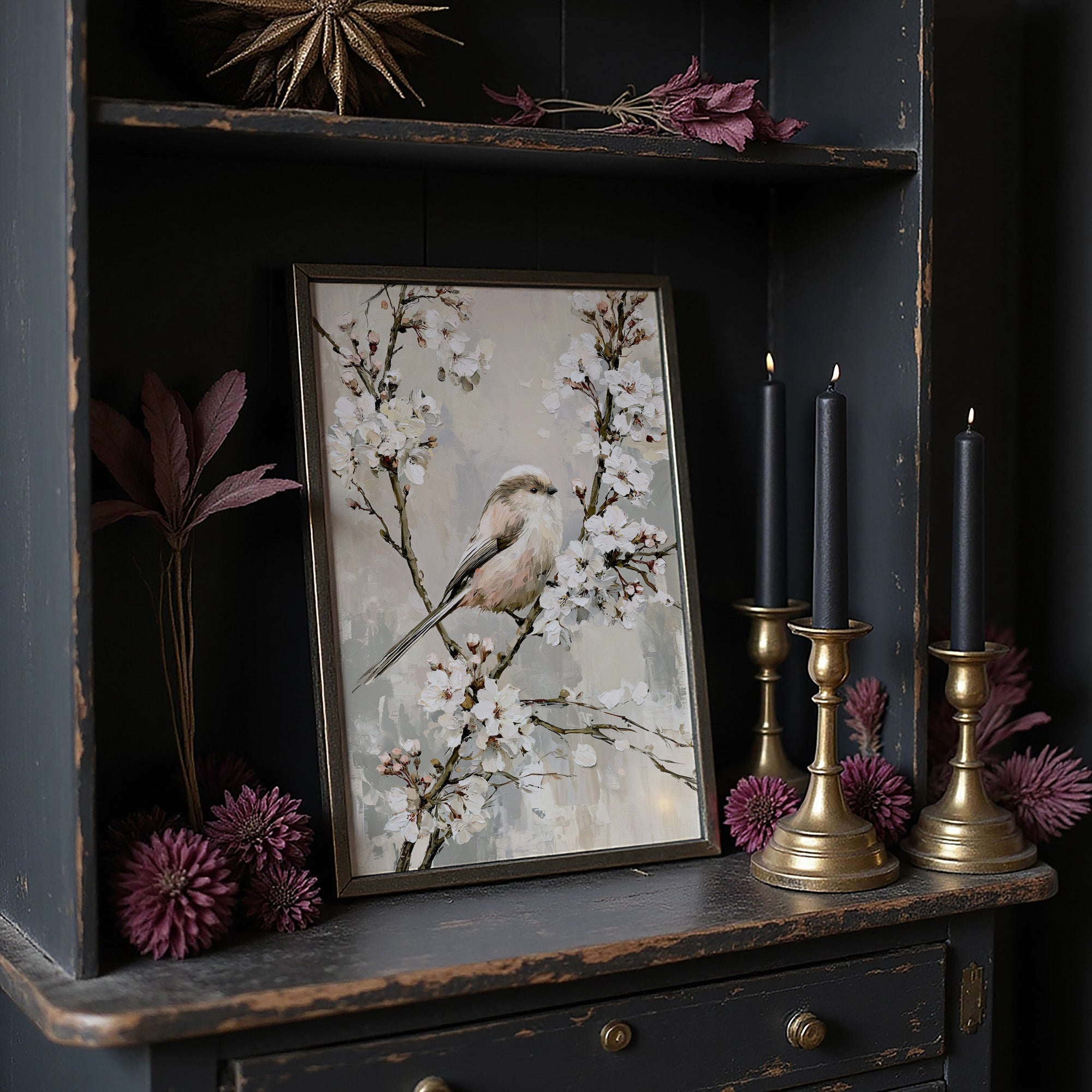 Long-Tailed Tit in Cherry Blossoms — Grey Taupe Oil Painting