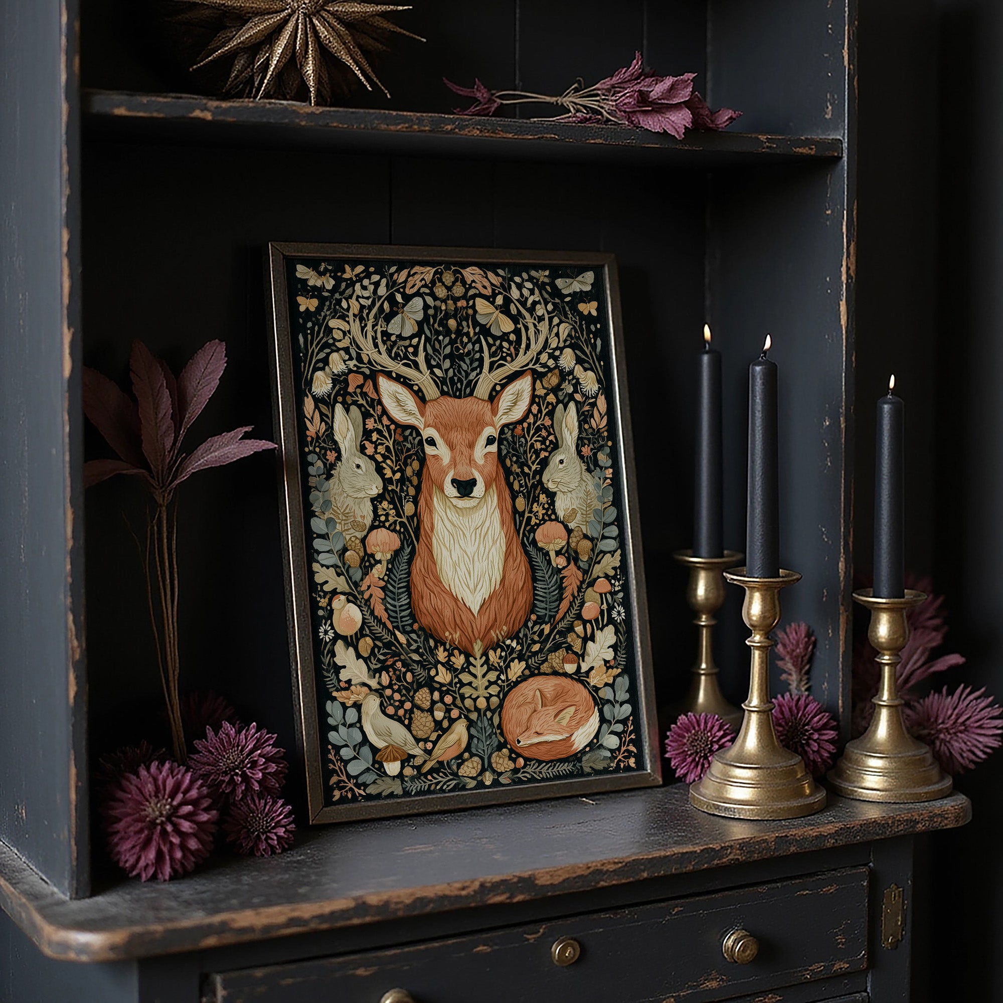 Woodland Tapestry — Dark Folk Art Deer and Forest Creatures