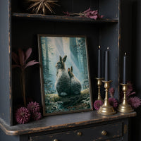 Two Rabbits in Morning Light — Forest Clearing Painting