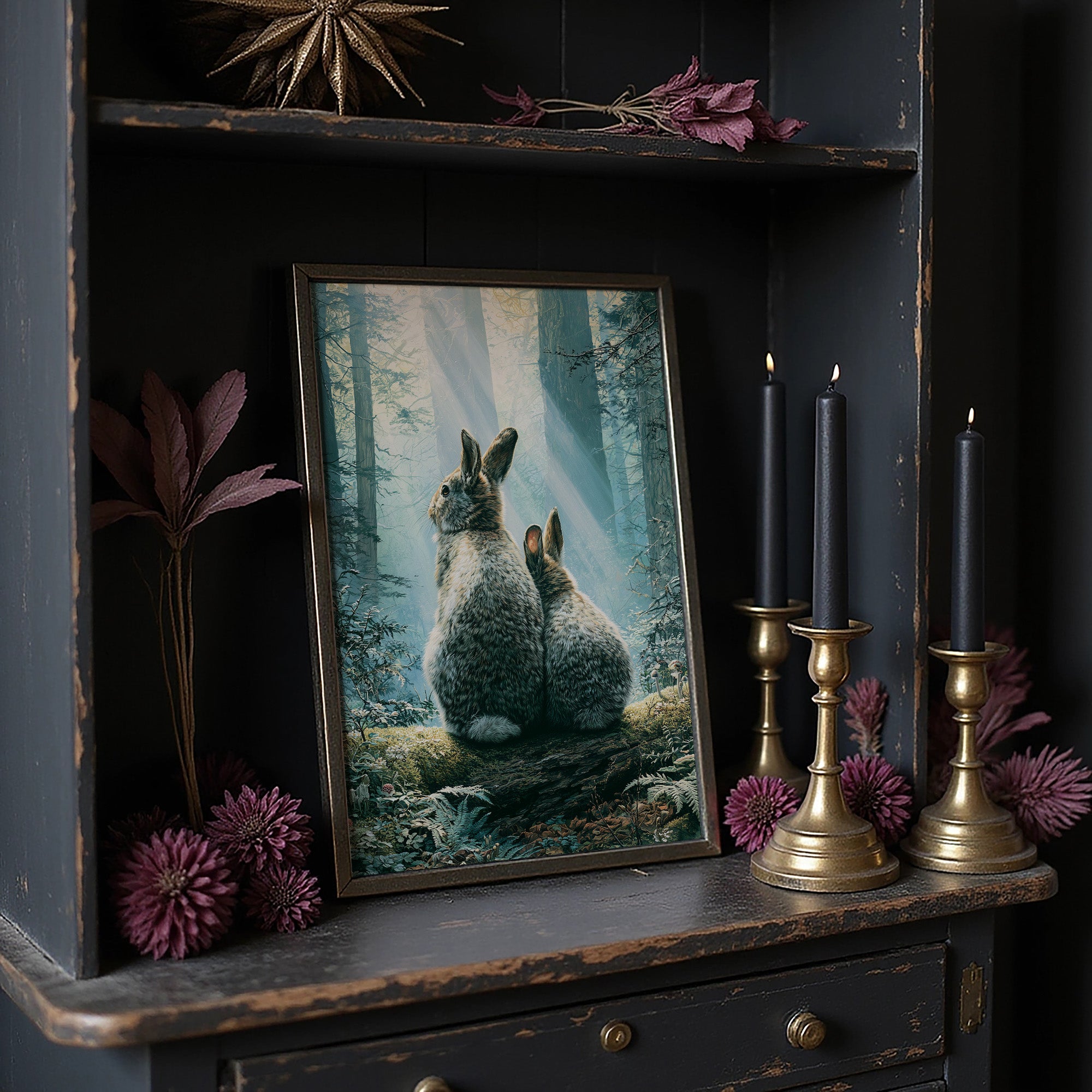 Two Rabbits in Morning Light — Forest Clearing Painting
