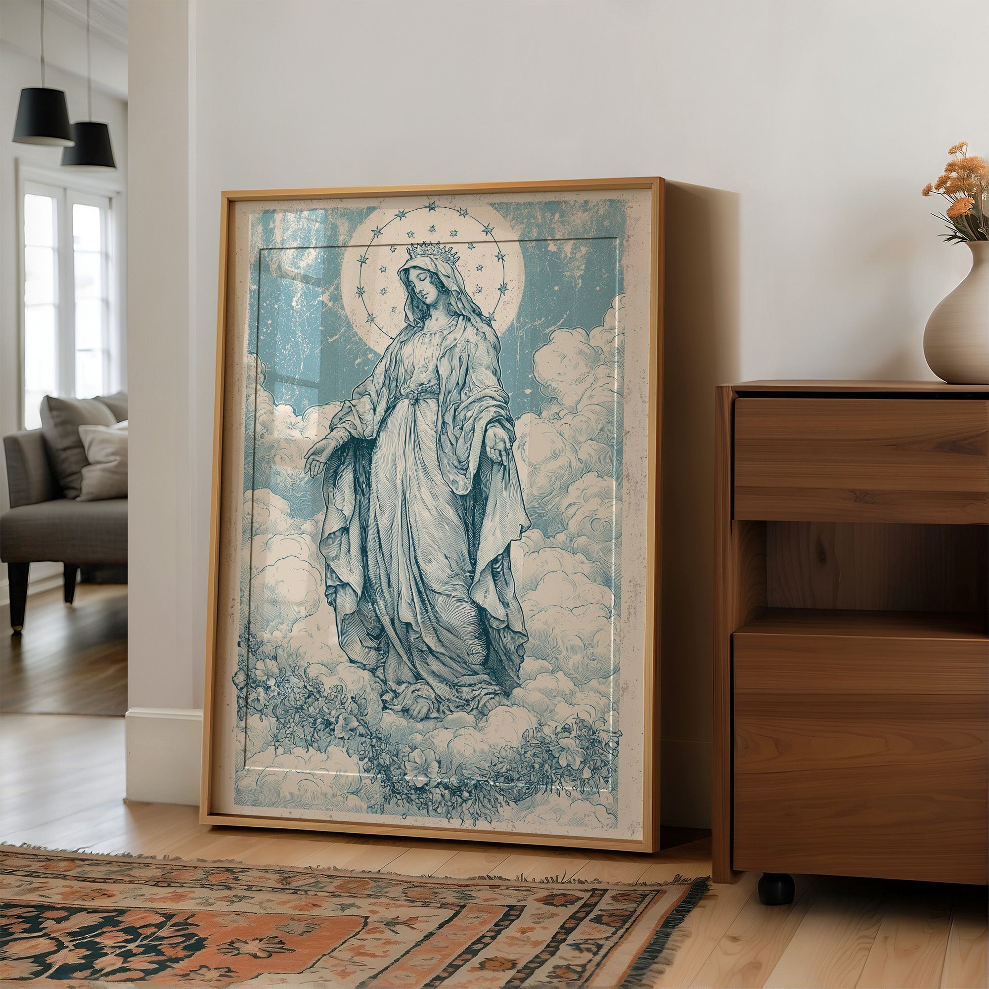 Our Lady of the Clouds — Vintage Blue Engraving Print