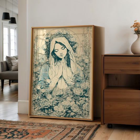 Madonna in Roses — Blue Wash Devotional Engraving