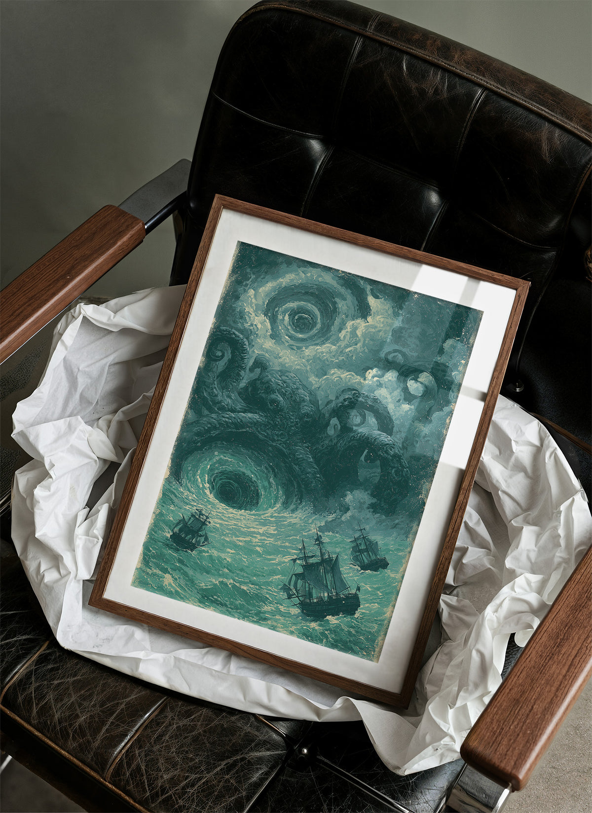 The Kraken and the Maelstrom — Teal Maritime Horror Print