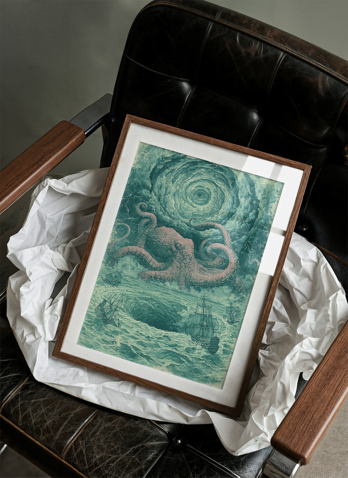 The Kraken and the Fleet — Pink and Teal Maritime Horror Print