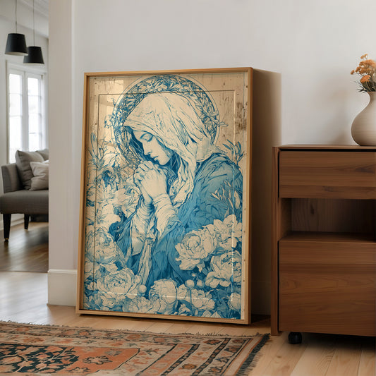 Madonna in Lilies — Cobalt Blue Devotional Engraving