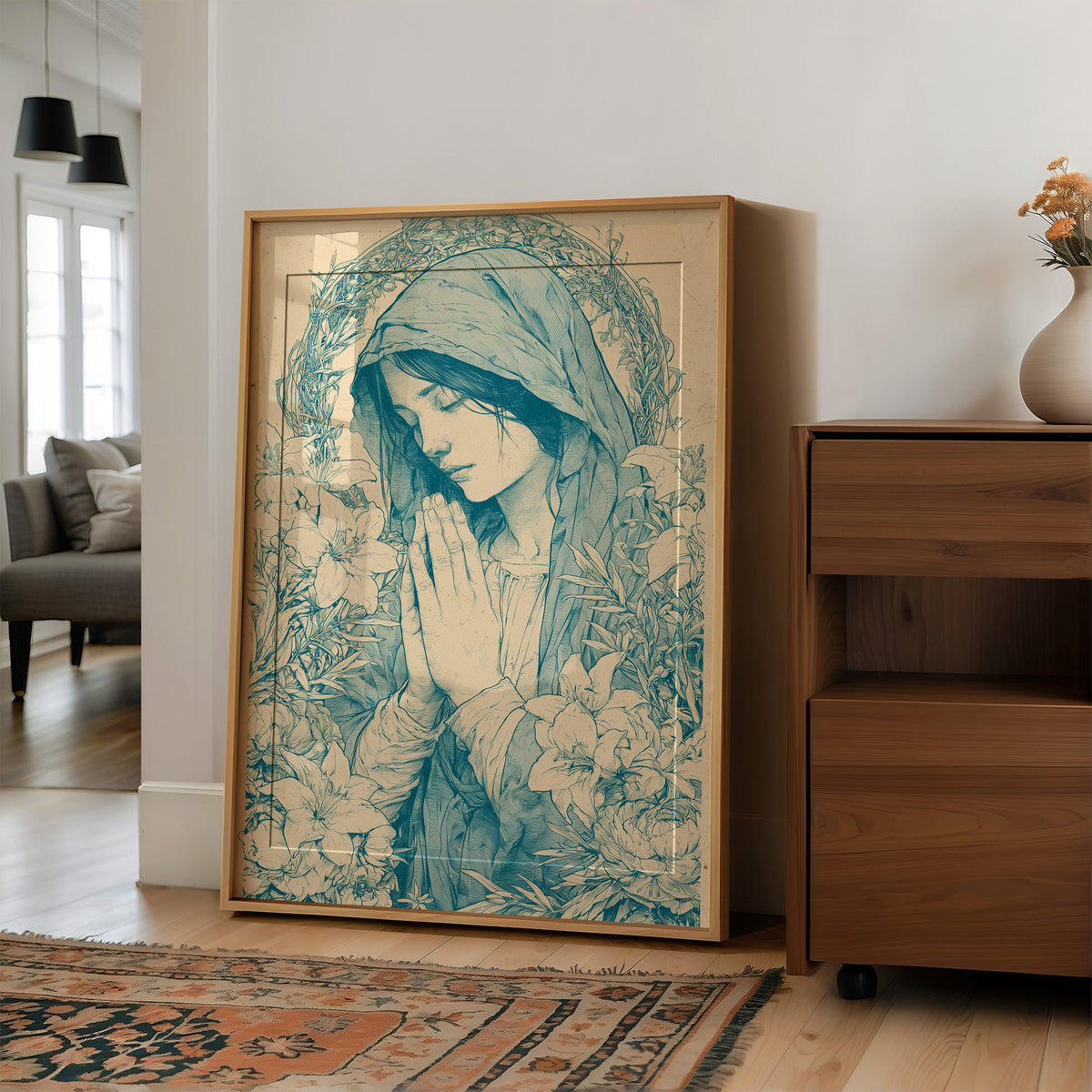 Madonna in Lilies — Teal Wash Devotional Portrait