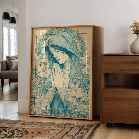 Madonna in Lilies — Teal Wash Devotional Portrait