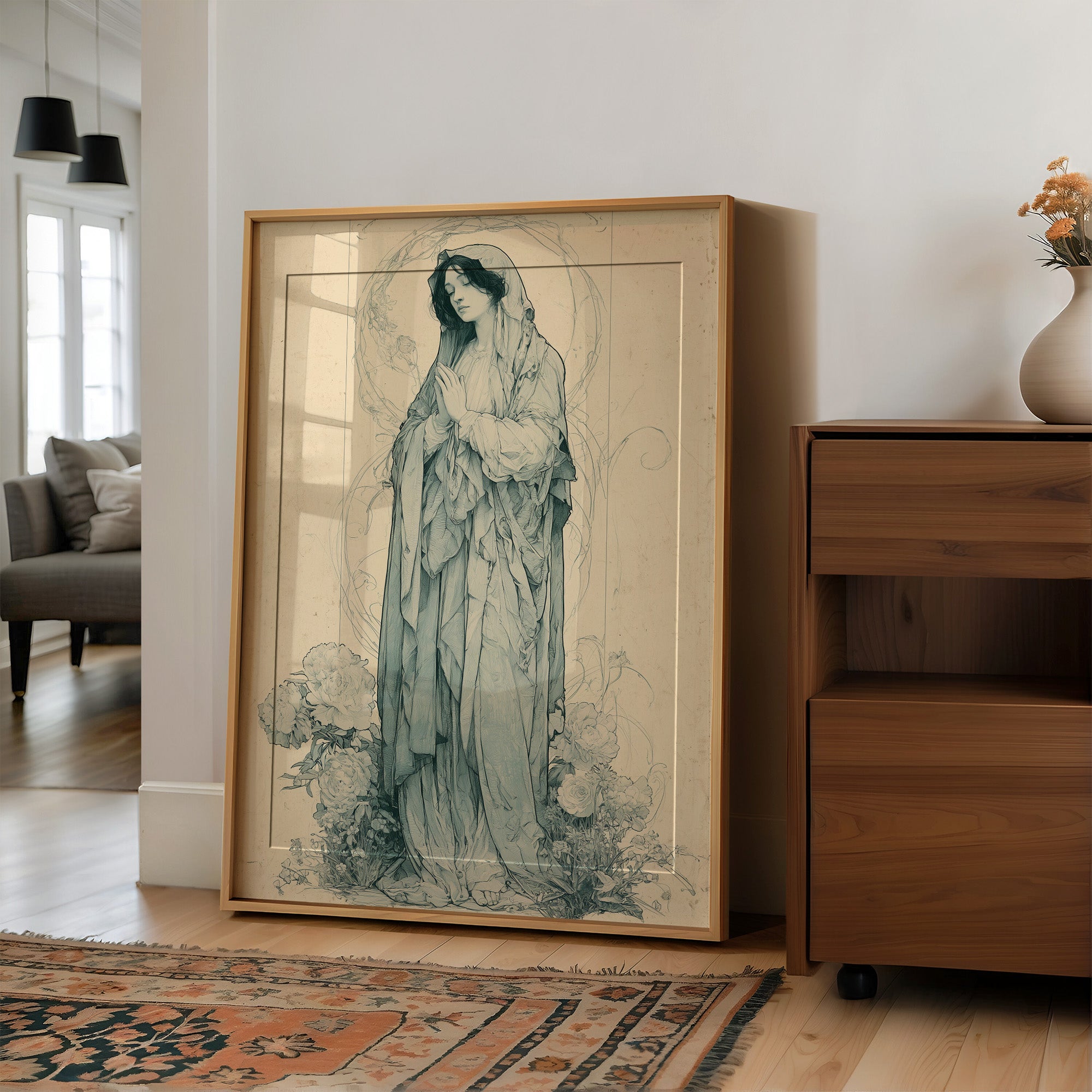 Madonna Among Peonies — Pre-Raphaelite Devotional Drawing