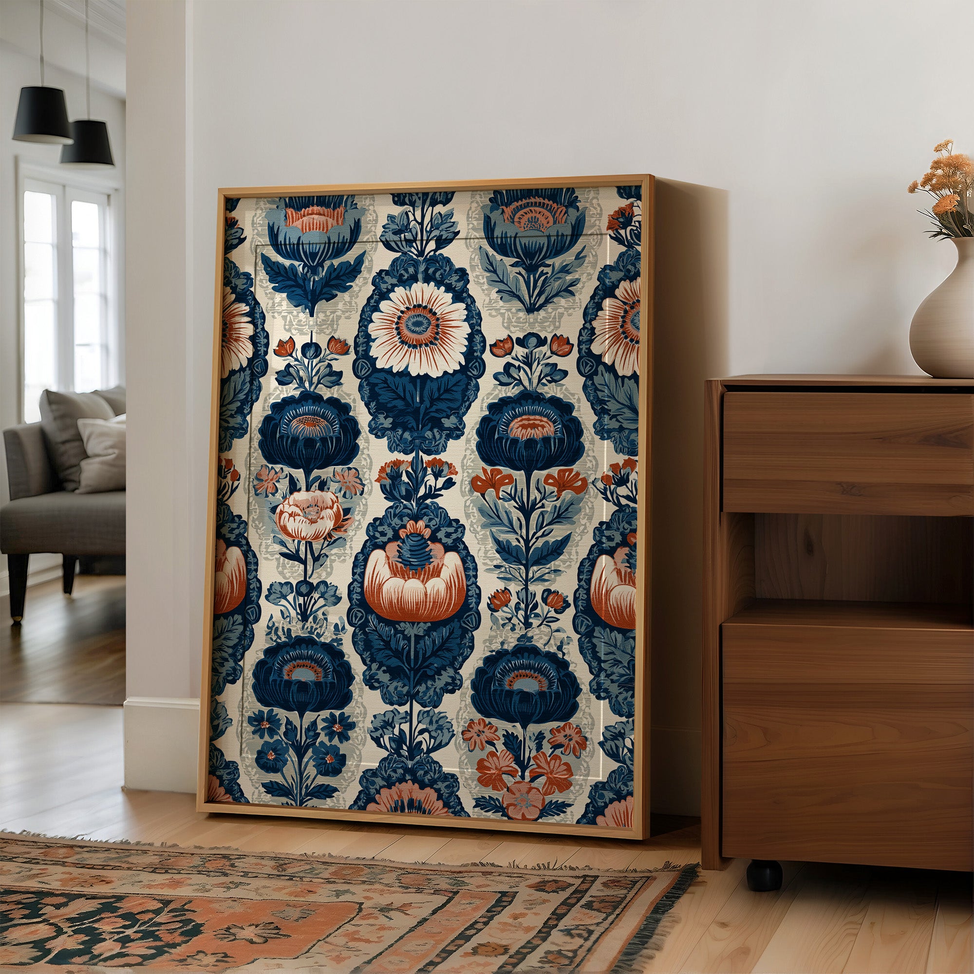 Navy Damask: A Jacobean Floral Repeat