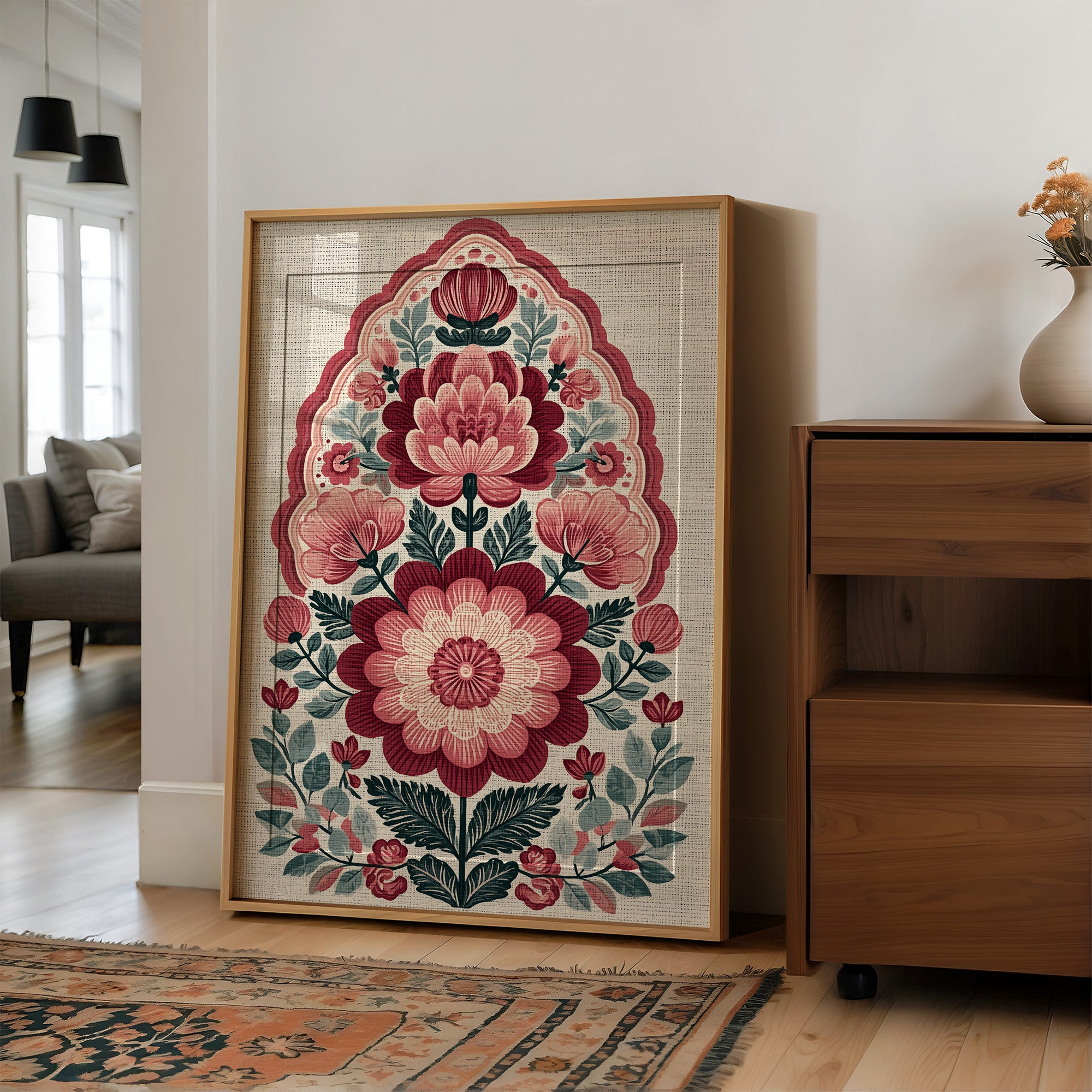 Crimson Bloom: A Folk Floral Medallion