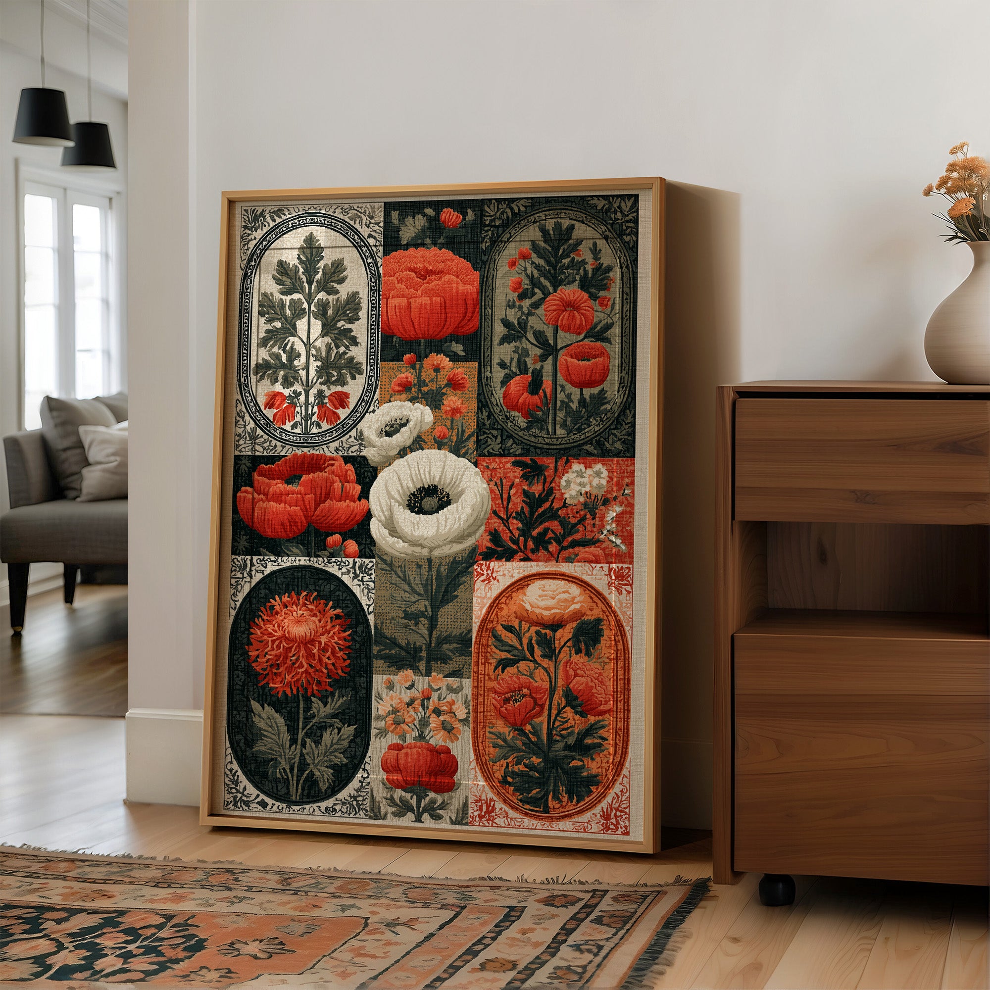 Botanical Patchwork in Red and Ink