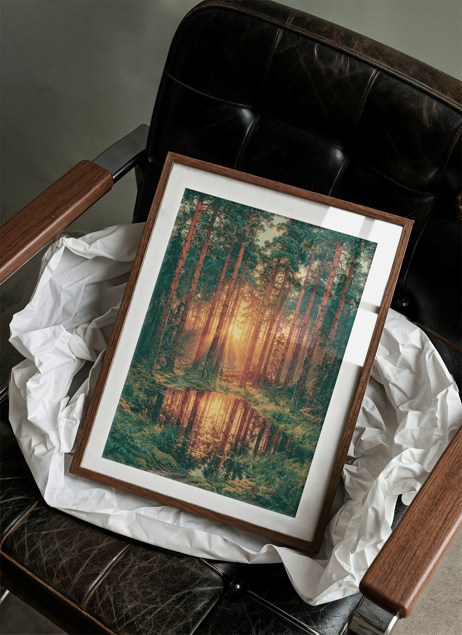 Golden Hour Reflections: Pine Forest at Sunset