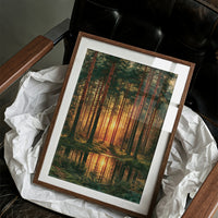 The Sunlit Path: Pine Forest Reflection at Dusk