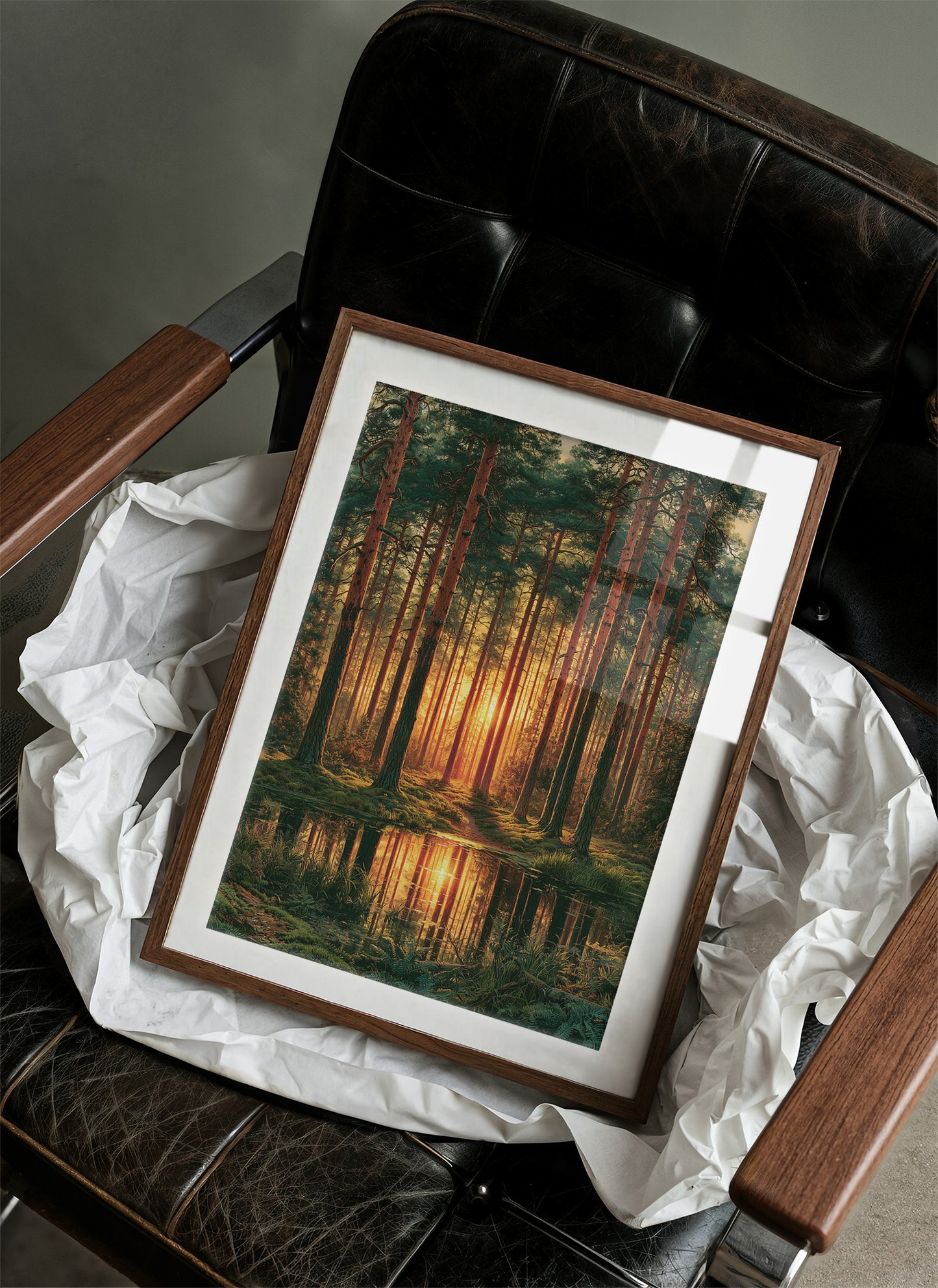 The Sunlit Path: Pine Forest Reflection at Dusk