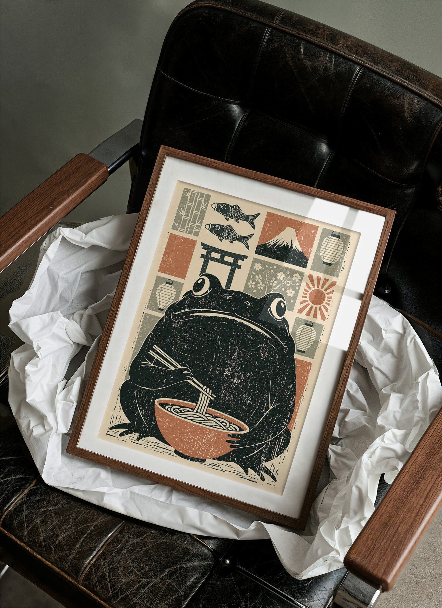 Ramen Toad: A Woodblock Frog's Feast