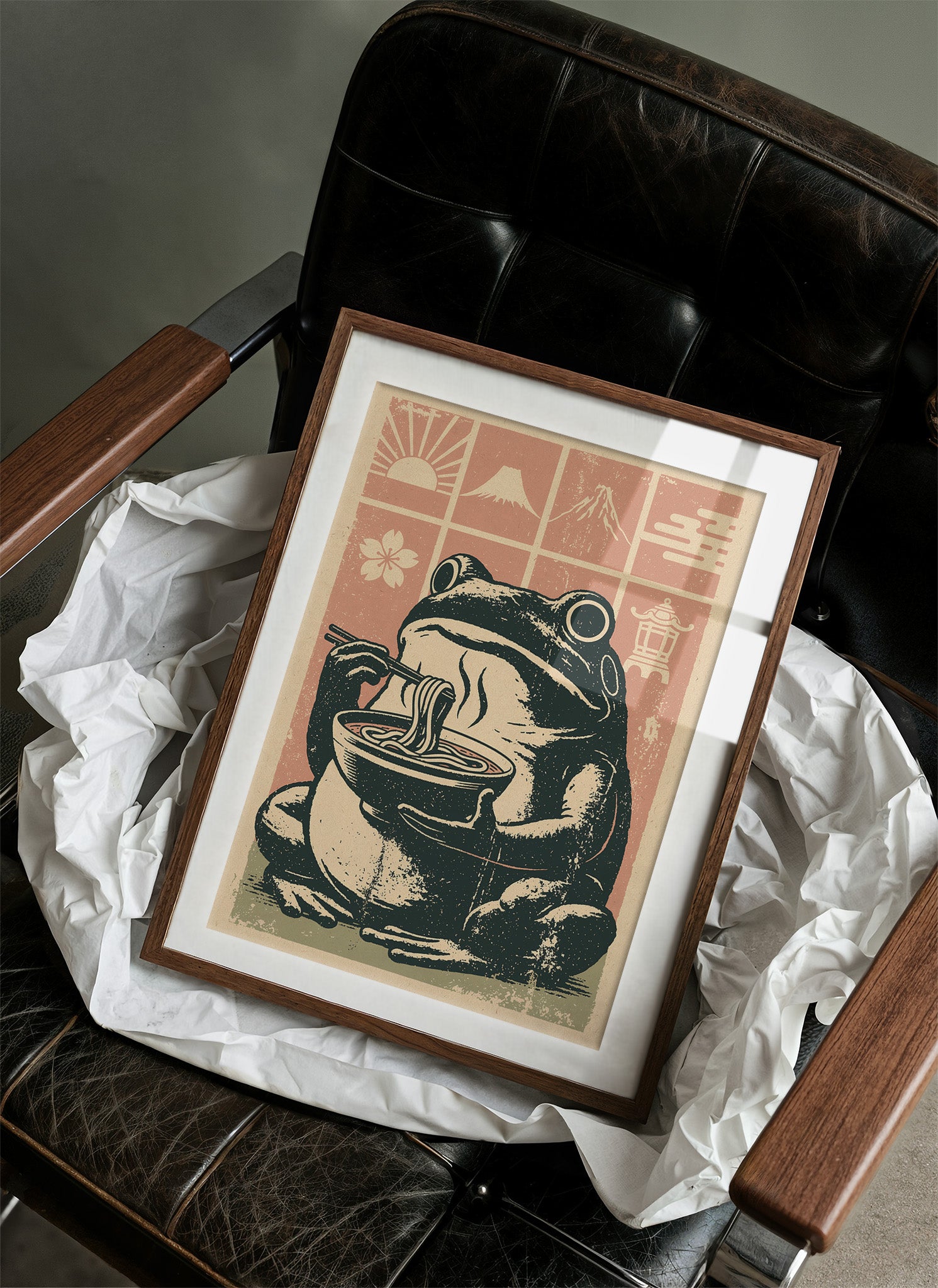 Steamy Ramen Toad: A Woodblock Frog's Slurp