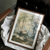 The Weathered Cottage: Misty Woodland Reflection