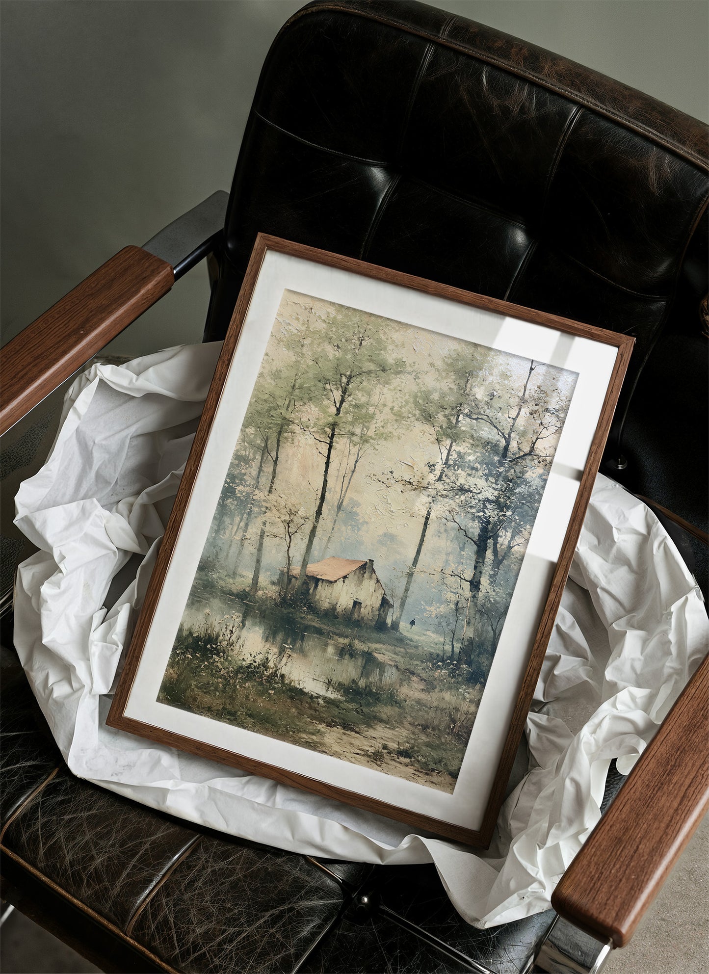 The Weathered Cottage: Misty Woodland Reflection