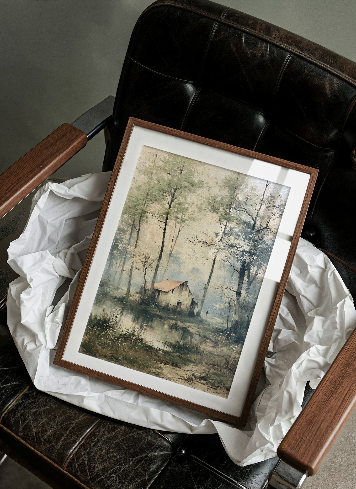 The Weathered Cottage: Misty Woodland Reflection