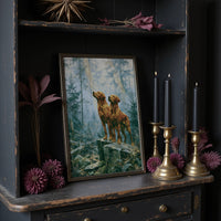 Retrievers Gazing Skyward in the Blue Forest