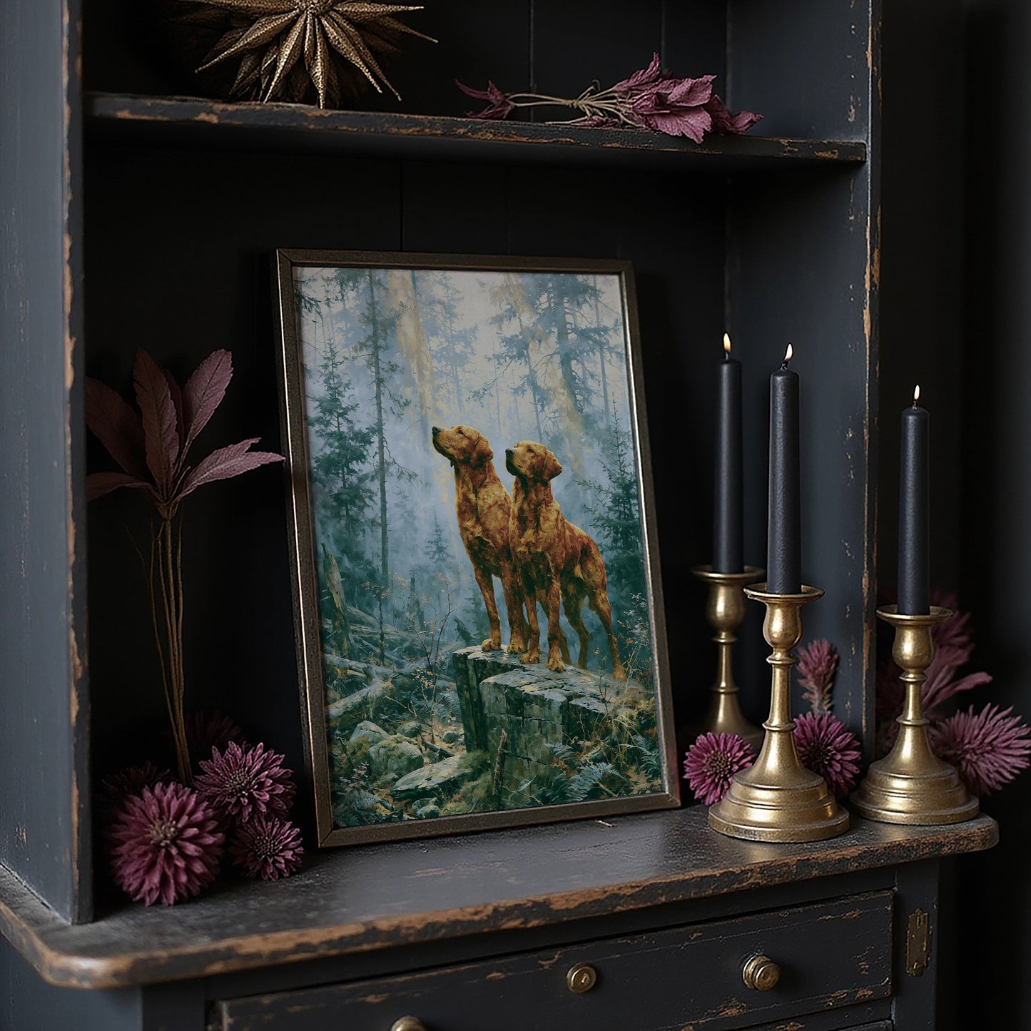 Retrievers Gazing Skyward in the Blue Forest