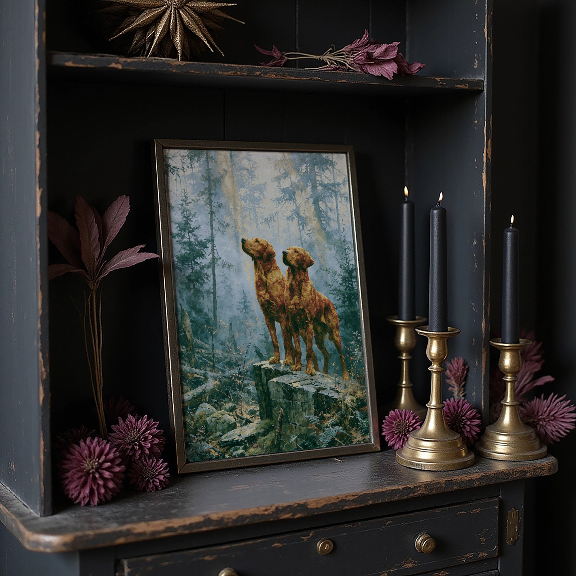 Retrievers Gazing Skyward in the Blue Forest